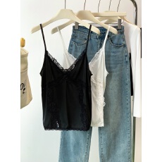 大码女装2026夏季新款纯欲温柔色染宽松可调节扣缎面蕾丝吊带上衣