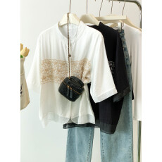 批发2026夏装新款大码女装休闲上衣设计感宽松圆领重工刺绣短袖衬衫