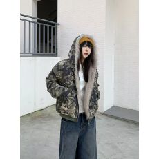 批发美式复古迷彩棉服外套女冬季座山雕毛绒领做旧棉衣ins工装棉袄