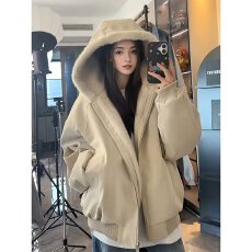 批发2025年美式复古座山雕<b class='q'>短款</b>连帽毛领棉服女冬派克服棉衣外套