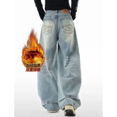 批发美式复古弯刀牛仔裤女冬季加绒<b class='q'>新款</b>高腰宽松直筒阔腿梧桐镰刀裤子