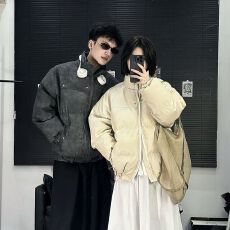 批发2025新款美式复古PU皮冬装棉服女冬宽松潮牌立领<b class='q'>棉衣</b>面包男女外套