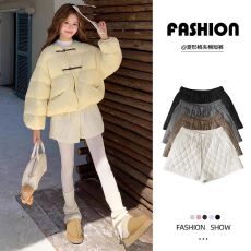 批发白色菱格打底棉裤女2025冬季新款小个子靴裤夹棉保暖五分阔腿短裤