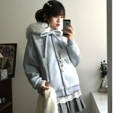 批发双面毛呢夹棉/有厚款薄款】蝴蝶结绑带毛领连帽卫衣外套毛呢上衣