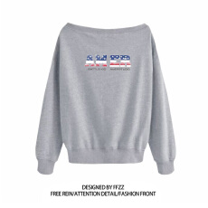 纯棉华棉复合牛奶丝 美式辣妹印花斜肩卫衣女时尚性感慵懒宽松