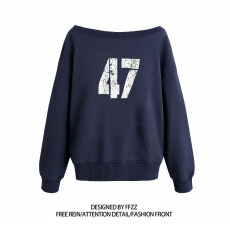 批发纯棉华棉复合牛奶丝 美式辣妹印花斜肩卫衣女时尚性感慵懒宽松