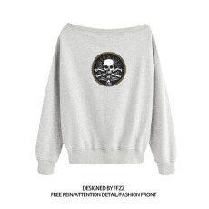 批发纯棉华棉复合牛奶丝 美式辣妹印花斜肩卫衣女时尚性感慵懒宽松