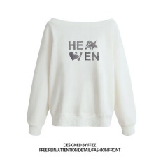 批发纯棉华棉复合牛奶丝 美式辣妹印花斜肩卫衣女时尚性感慵懒宽松