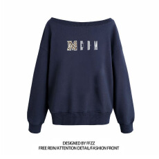 批发纯棉华棉复合牛奶丝 美式辣妹印花斜肩卫衣女时尚性感慵懒宽松