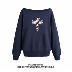 批发纯棉华棉复合牛奶丝 美式辣妹印花斜肩卫衣女时尚性感慵懒宽松