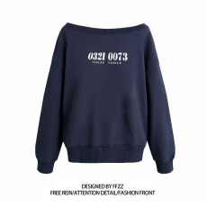 批发纯棉华棉复合牛奶丝 美式辣妹印花斜肩卫衣女时尚性感慵懒宽松