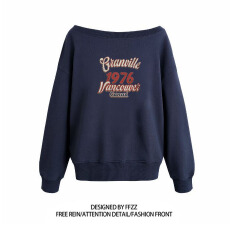 批发纯棉华棉复合牛奶丝 美式辣妹印花斜肩卫衣女时尚性感慵懒宽松