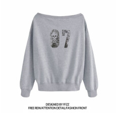 批发纯棉华棉复合牛奶丝 美式辣妹印花斜肩卫衣女时尚性感慵懒宽松