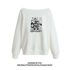 批发纯棉华棉复合牛奶丝 美式辣妹印花斜肩卫衣女时尚性感慵懒宽松