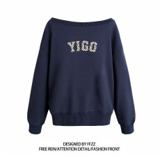 批发纯棉华棉复合牛奶丝 美式辣妹印花斜肩卫衣女时尚性感慵懒<b class='q'>宽松</b>