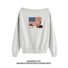 批发纯棉华棉复合牛奶丝 美式辣妹印花斜肩卫衣女时尚性感慵懒<b class='q'>宽松</b>