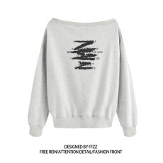 纯棉华棉复合牛奶丝 美式辣妹印花斜肩卫衣女时尚性感慵懒宽松