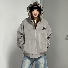 批发麂皮绒拼兔毛绒】豹纹双面穿棉服连帽麂皮绒短款<b class='q'>男</b>女冬季夹克棉衣