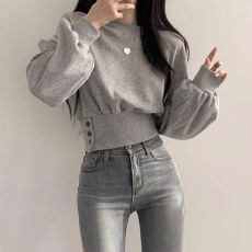 批发【纯棉华棉复合牛奶丝320克】灰色<b class='q'>短款</b>长袖<b class='q'>卫衣</b>女设计感小众上衣