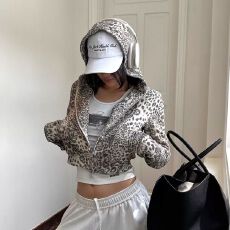 批发美式复古豹纹连帽<b class='q'>卫衣</b>外套女<b class='q'>短款</b>春秋季长袖宽松小众拉链开衫上衣