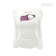 BAIGE 圆领健身显瘦印花紧身长袖春秋 猫心形T恤网红