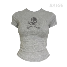 爆款爆款爆款！！40支+92%棉+8%氨纶圆领短袖印花T恤女 甜辣紧身