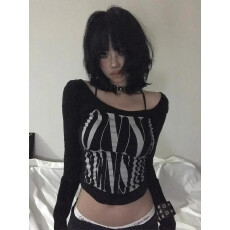 批发美式 亚文化<b class='q'>街头</b>风长袖T恤女春季字母印花y2k辣妹修身短款上衣