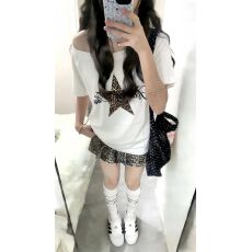 批发直播质量 40支奥代尔92%棉8%氨纶220克斜肩露肩t恤】星星字母印花