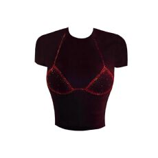 批发爆款 美式显瘦辣妹烫钻精棉短袖短T恤女夏季修身正肩黑色上衣