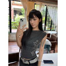 批发210克40支精棉1*1】辣妹复古星星烫钻斜肩短袖T恤女夏无袖上衣