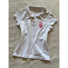 批发210克40支纯棉1*1】美式复古polo领印花白色短袖T恤女设计感上衣