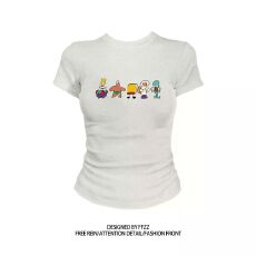 批发40支+92%棉+8%氨纶】圆领短袖印花<b class='q'>T</b><b class='q'>恤</b>女修身夏季新款甜辣<b class='q'>紧身</b>显瘦