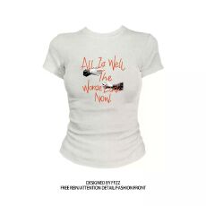 批发40支+92%棉+8%氨纶】圆领短袖印花<b class='q'>T</b><b class='q'>恤</b>女修身夏季新款甜辣<b class='q'>紧身</b>显瘦