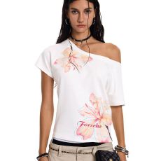 批发美式复古<b class='q'>花朵</b>创意印花斜肩短袖<b class='q'>t</b><b class='q'>恤</b>女纯棉夏季宽松慵懒风露肩上衣