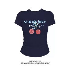 批发40支+92%棉+8%氨纶圆领短袖印花<b class='q'>T</b><b class='q'>恤</b>女修身夏季新款甜辣紧身显瘦