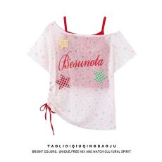 批发多巴胺星星贴布斜肩短袖t恤女夏季美式甜辣妹吊带背心两件套