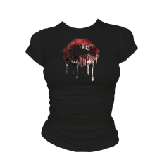 爆款 美式短袖暗黑嘴唇印花设计感上衣T恤显瘦版型 辣妹风