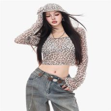 批发美式 复古豹纹网纱防晒连帽<b class='q'>长袖</b><b class='q'>T</b><b class='q'>恤</b><b class='q'>女</b>