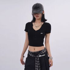 美式 辣妹设计V领短袖T恤夏季修身显瘦爵士性感露脐短款上衣