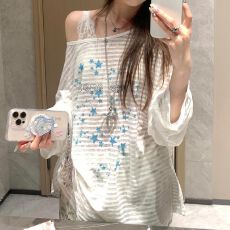 批发爆款 美式星星印花辣妹斜肩防晒罩衫<b class='q'>长袖</b><b class='q'>t</b><b class='q'>恤</b>女新款休闲上衣
