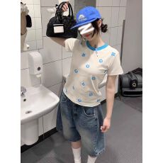 爆款 美式满印字母印花短袖t恤女夏季多巴胺修身圆领撞色上衣