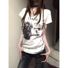爆款 亚文化白色正肩短袖小猫印花t恤女夏季修身大领口y2k上衣