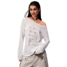 批发【竹节拉架】字母印花防晒罩衫女露肩薄款外搭<b class='q'>长袖</b><b class='q'>t</b><b class='q'>恤</b>上衣