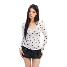 批发美式辣妹v领连帽星星满印长袖T恤<b class='q'>女</b>夏季薄款修身显瘦防晒罩衫上衣