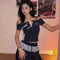 批发原版做法 一字肩美式蕾丝短袖T恤<b class='q'>女</b>夏新款辣妹显瘦短款上衣
