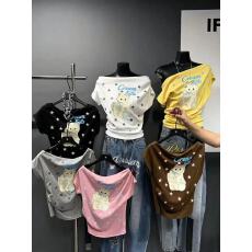 批发美式创意星星猫咪斜肩短袖女辣妹夏季修身显瘦百搭一字肩上衣