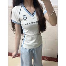 批发美式复古辣妹V领撞色短袖T恤女夏季新款<b class='q'>修身</b>短款上衣