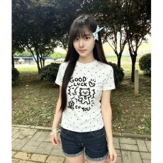 批发220克40支1*1纯棉 韩系新款时尚设计感圆领波点印花短袖上衣