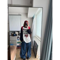 批发高质量长袖拼色<b class='q'>印花</b>【220克纯棉精梳紧密】新款宽松长袖T恤