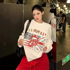 批发【21支纯棉+后包领】<b class='q'>印花</b>长袖T恤女宽松圆领上衣